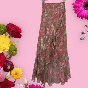 Robbie Bee 100% Silk Floral Maxi Skirt. Embellish Asymmetrical Ruffle Silk Skirt